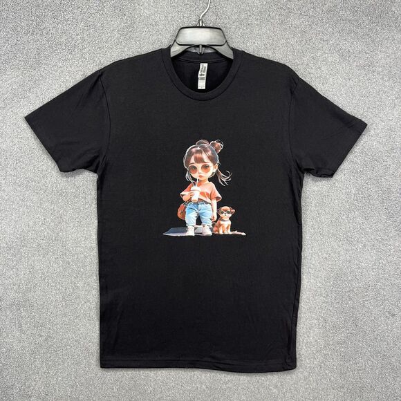 Next Level Tops - Cute cartoon Graphic T-Shirt Small‎ Black girl dog print design Tee